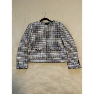 J.Crew Tweed Blazer Jacket Womens Size 6 Collarless Fringe Career Business